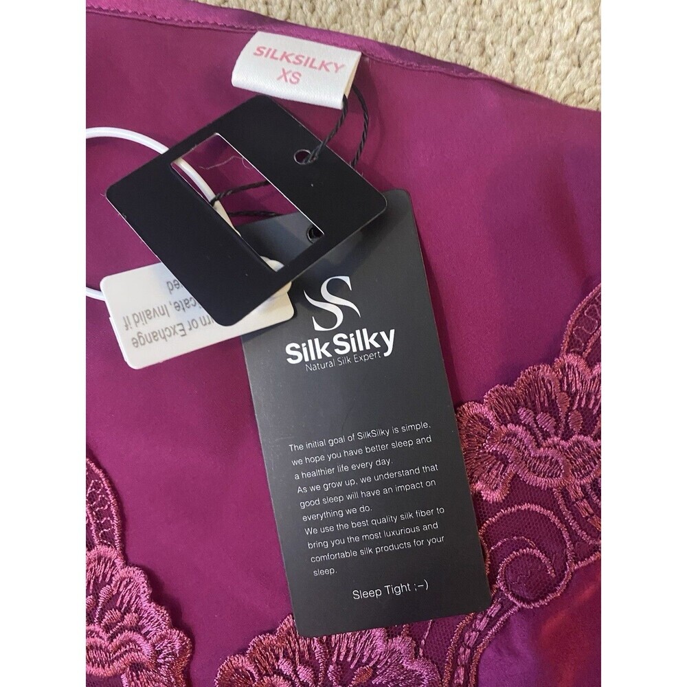SILKSILKY  NWT 100% Silk Lace Neck Split Hem Nightgown Dress Color Wine Size XS - Picture 7 of 11
